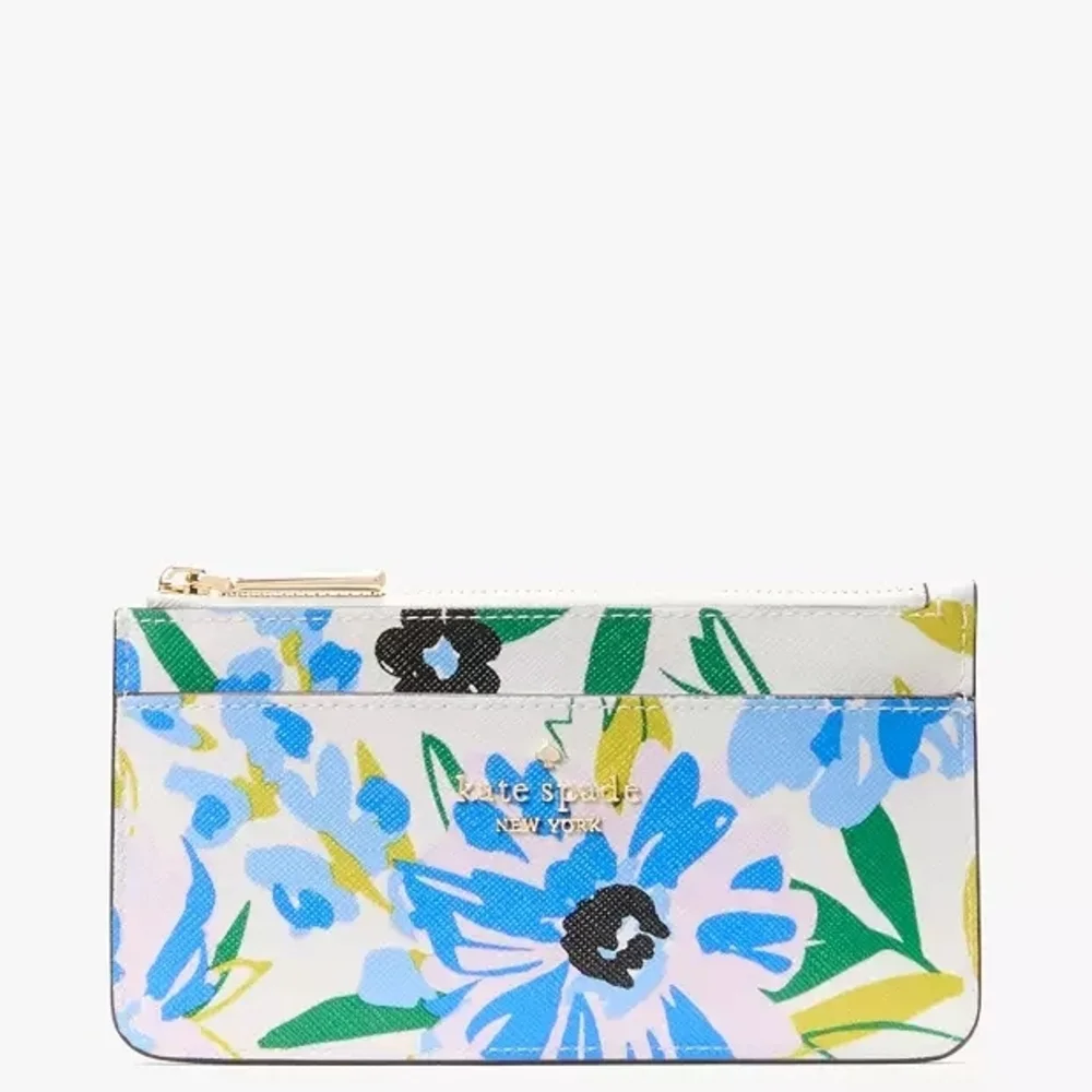 kate spade White Floral Zip Card Holder with Blue and Green Flowers